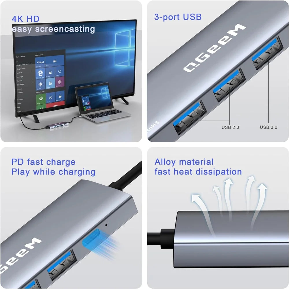 QGEEM USB C Hub 5 in 1 Type-C Docking Station 4K/30Hz PD Fast Charging for MacBook Laptop - 5-In-1 Hub - 3