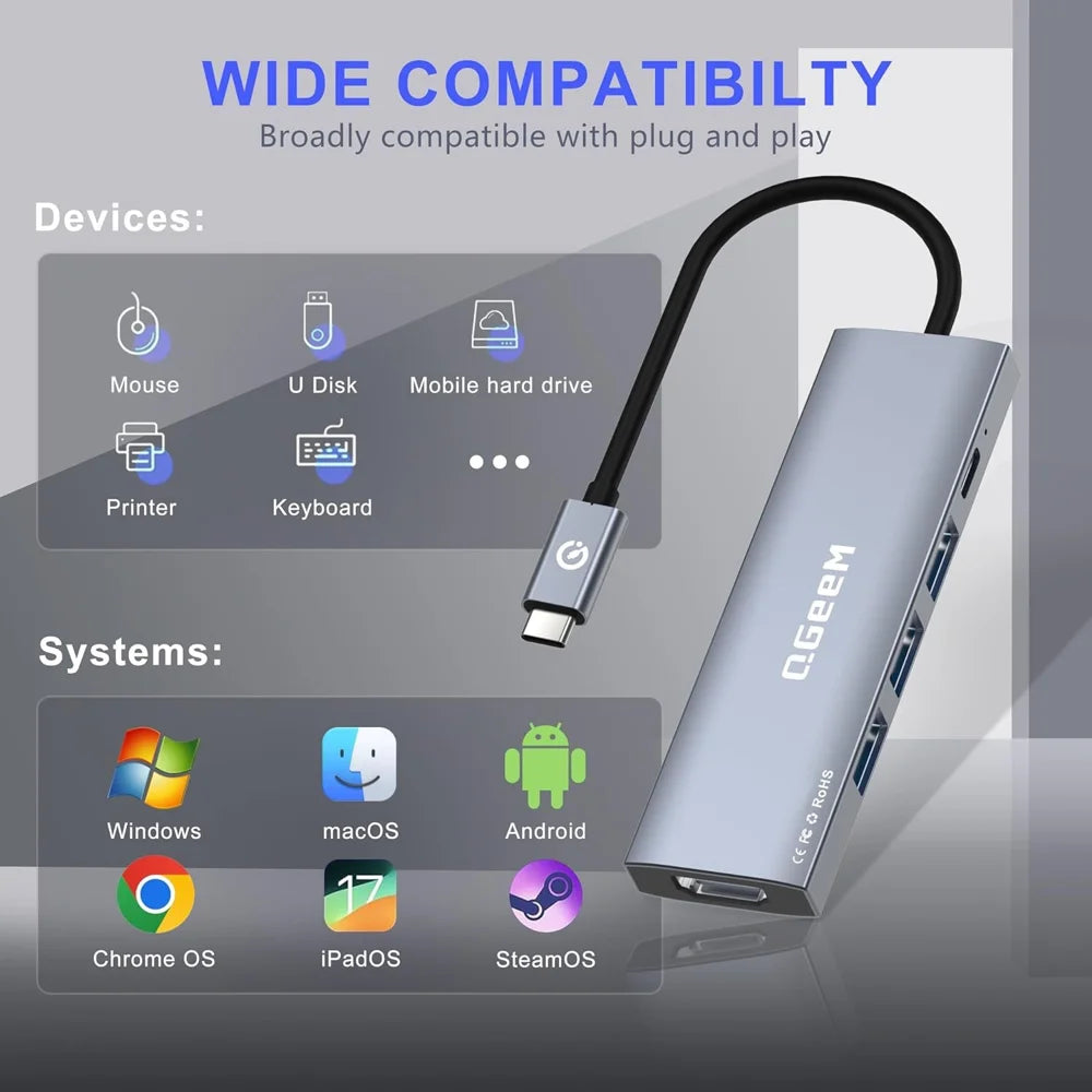 QGEEM USB C Hub 5 in 1 Type-C Docking Station 4K/30Hz PD Fast Charging for MacBook Laptop - 5-In-1 Hub - 4