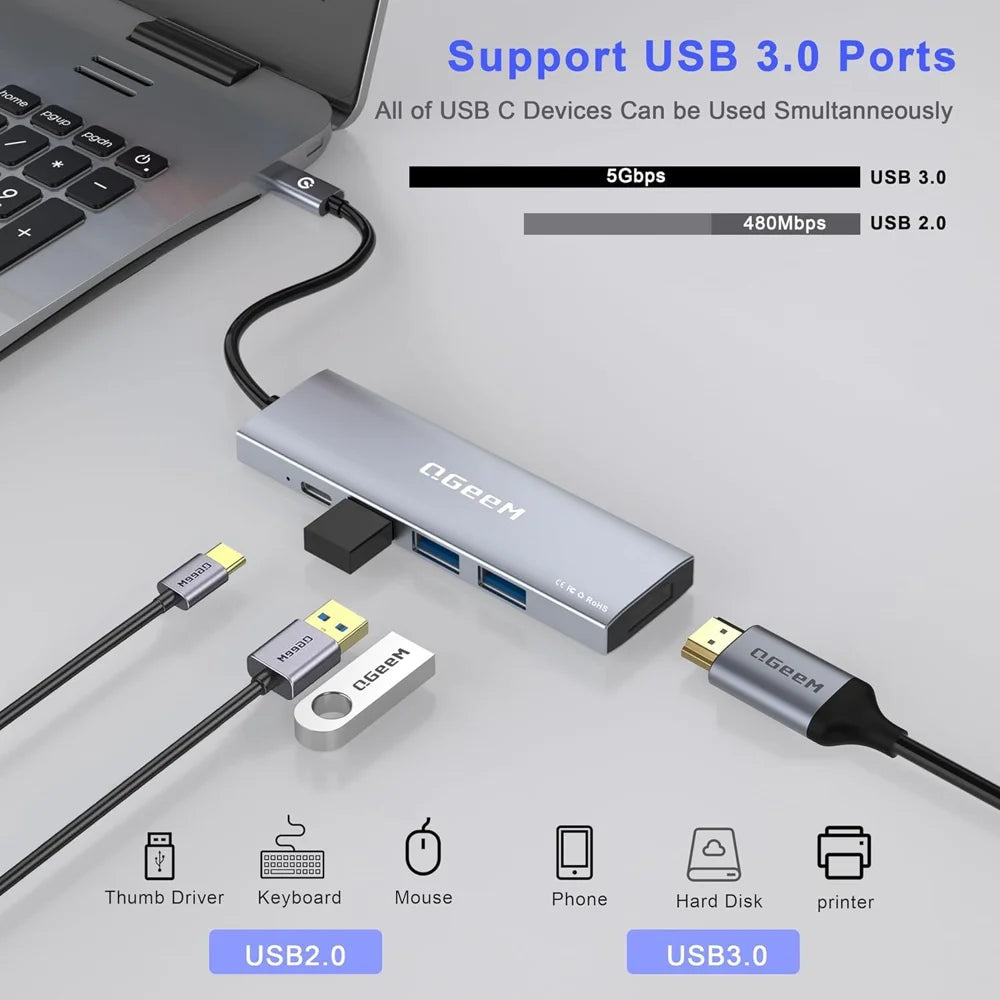 QGEEM USB C Hub 5 in 1 Type-C Docking Station 4K/30Hz PD Fast Charging for MacBook Laptop - 5-In-1 Hub - 6