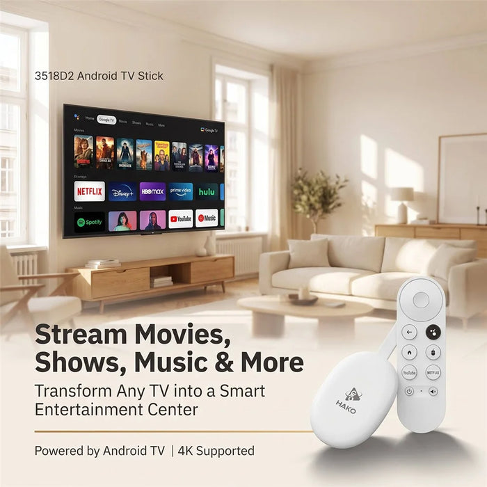 HAKO 2+8GB Android 14.0 TV Stick RK3518 Quad-Core 4K WiFi 6 Bluetooth-Compatible 5.4 with Remote - White - 3