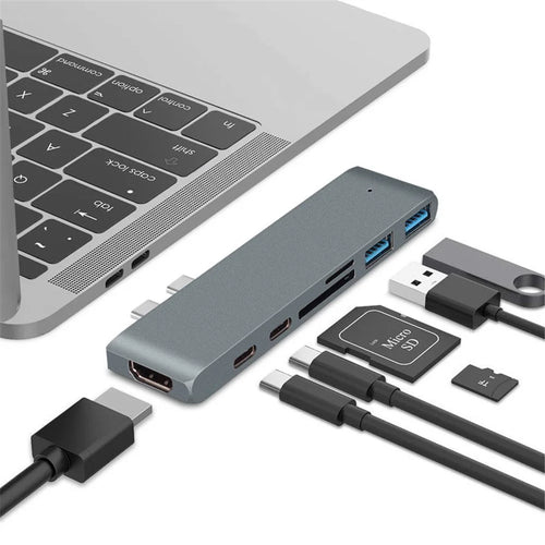 Dual USB-C Hub Type-C to Thunderbolt 3 + Type-C + 4K HD + USB 3.0 x 2 + SD + MicroSD Card Reader Adapter - Dark Grey - 1