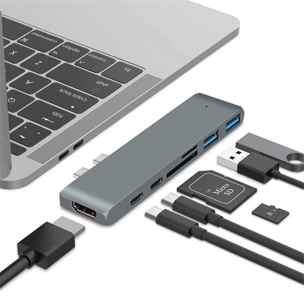 Dual USB-C Hub Type-C to Thunderbolt 3 + Type-C + 4K HD + USB 3.0 x 2 + SD + MicroSD Card Reader Adapter - Dark Grey - 1