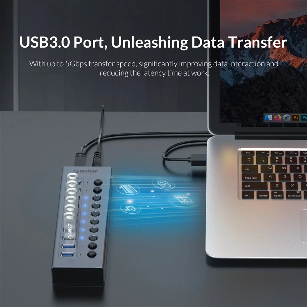 ORICO BT2U3-16AB Aluminum Alloy Multi-Port USB 3.0 Hub Splitter with Individual Switches - US Plug - 6