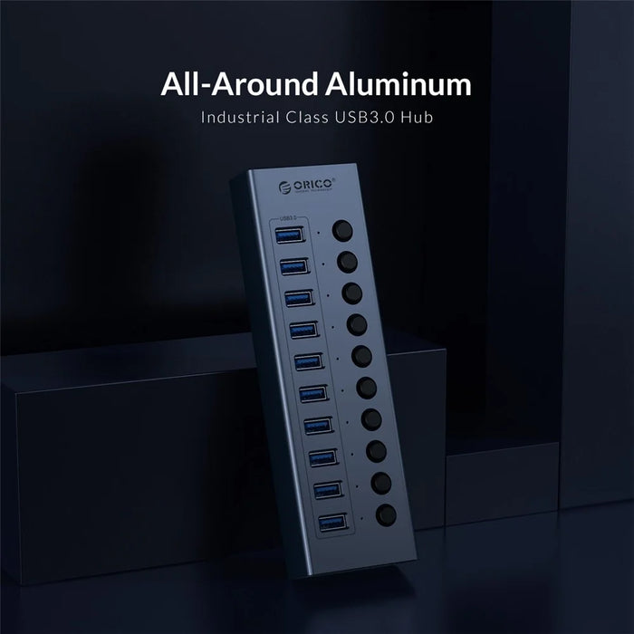 ORICO BT2U3-10AB Aluminum Alloy 10 Port USB3.0 5Gbps Data Transmission USB Hub Charging Splitter with Individual Switches - EU Plug - 5