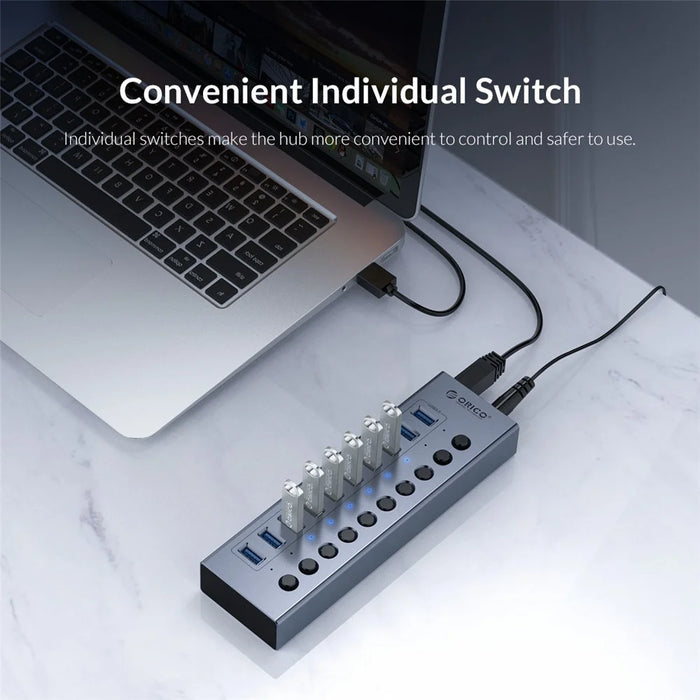 ORICO BT2U3-13AB Aluminum Alloy Multi-port HUB with Individual Switches, US Plug - 6