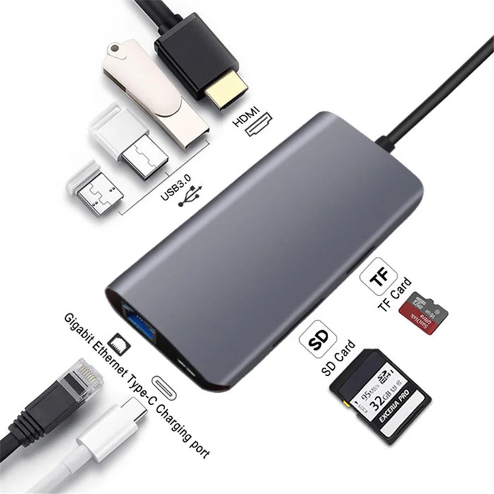 8-in-1 Type C Hub Adapter USB 3.0 RJ45 SD / TF Card Reader HD Type-C Port Docking Station - 2