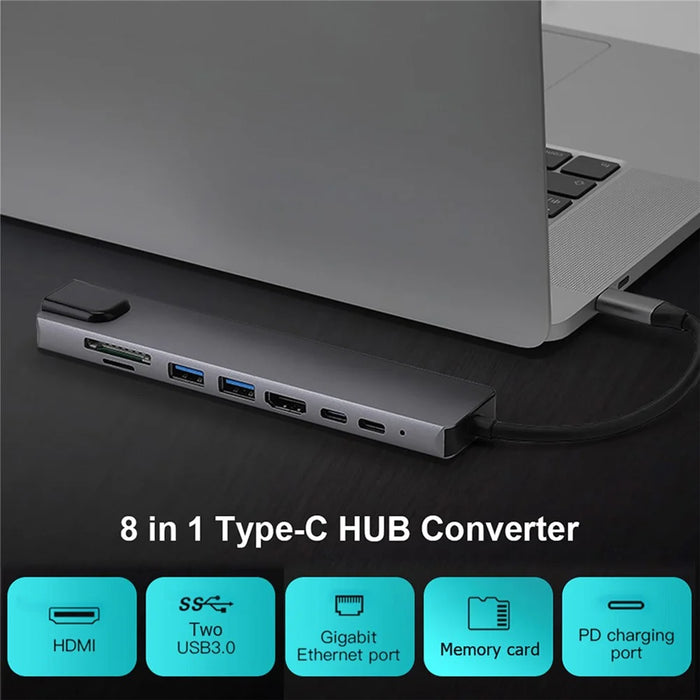 8-in-1 Type-C Docking Station +2*USB3.0+2*Type-C+RJ45+TF+SD Multi-function HUB - 3