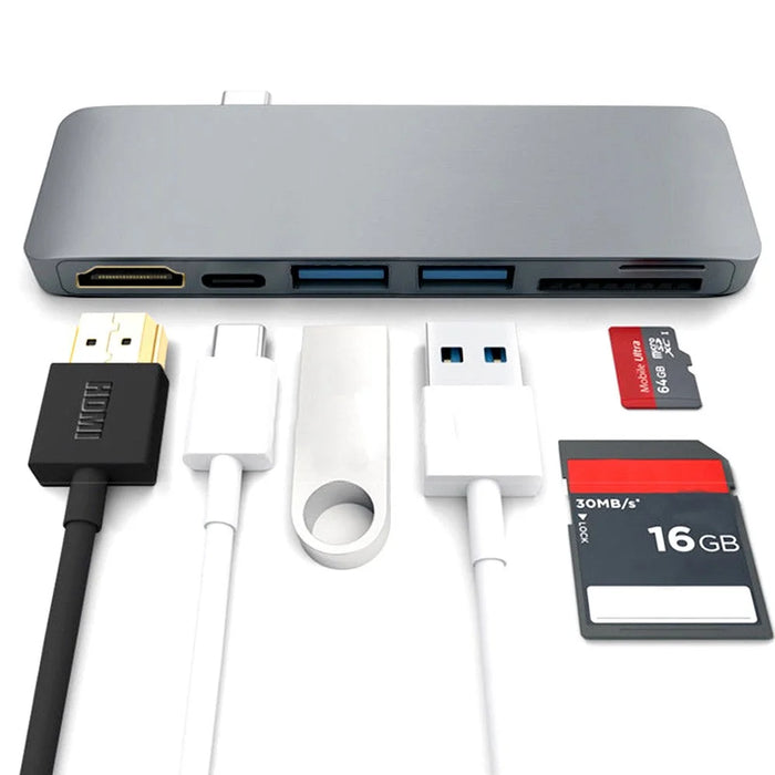 6-in-1 Type C Hub Adapter + 2*USB 3.0 + PD + SD/TF Card Reader Docking Station - Grey - 2