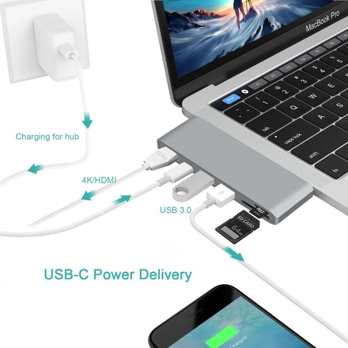 6-in-1 Type C Hub Adapter + 2*USB 3.0 + PD + SD/TF Card Reader Docking Station - Grey - 4