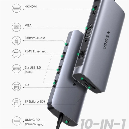 UGREEN 10 in 1 USB-C Hub Type C to HD 4K USB 3.0 VGA RJ45 PD 3.5mm SD TF Card Reader Dock Adapter for MacBook / Pro / Air - 2