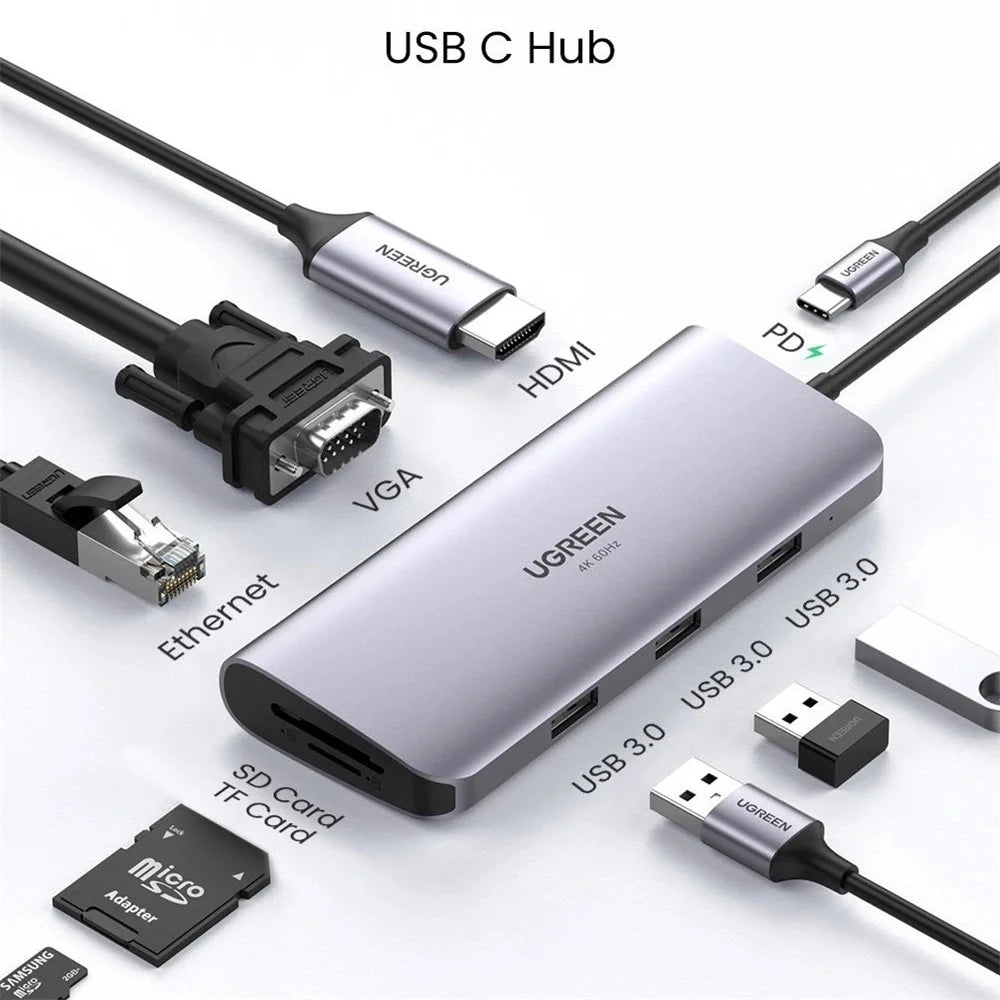UGREEN 9 in 1 USB C HUB Type C to Multi USB 3.0 100W PD HD 4K VGA TF / SD RJ45 Ethernet Adapter Docking Station - 2