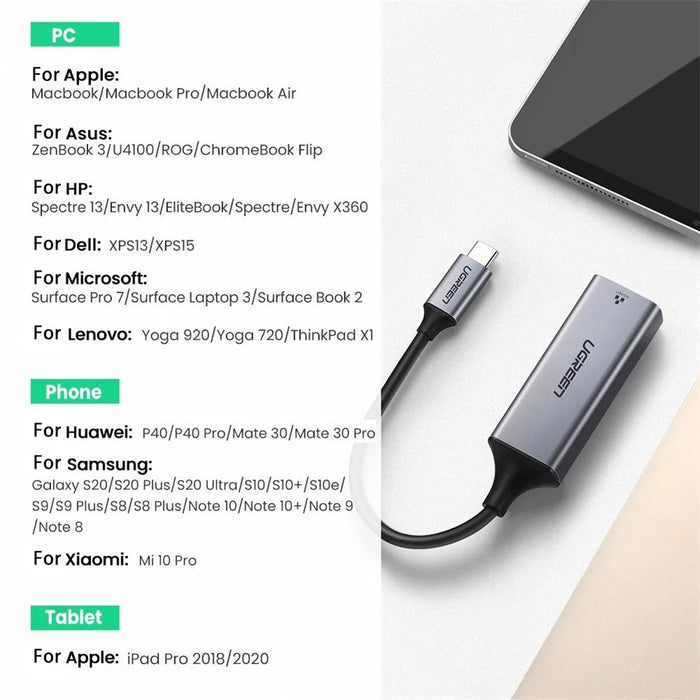 UGREEN USB C to Gigabit RJ45 Ethernet Adapter Type C to Lan RJ45 Network Card for MacBook iPad Pro - 5