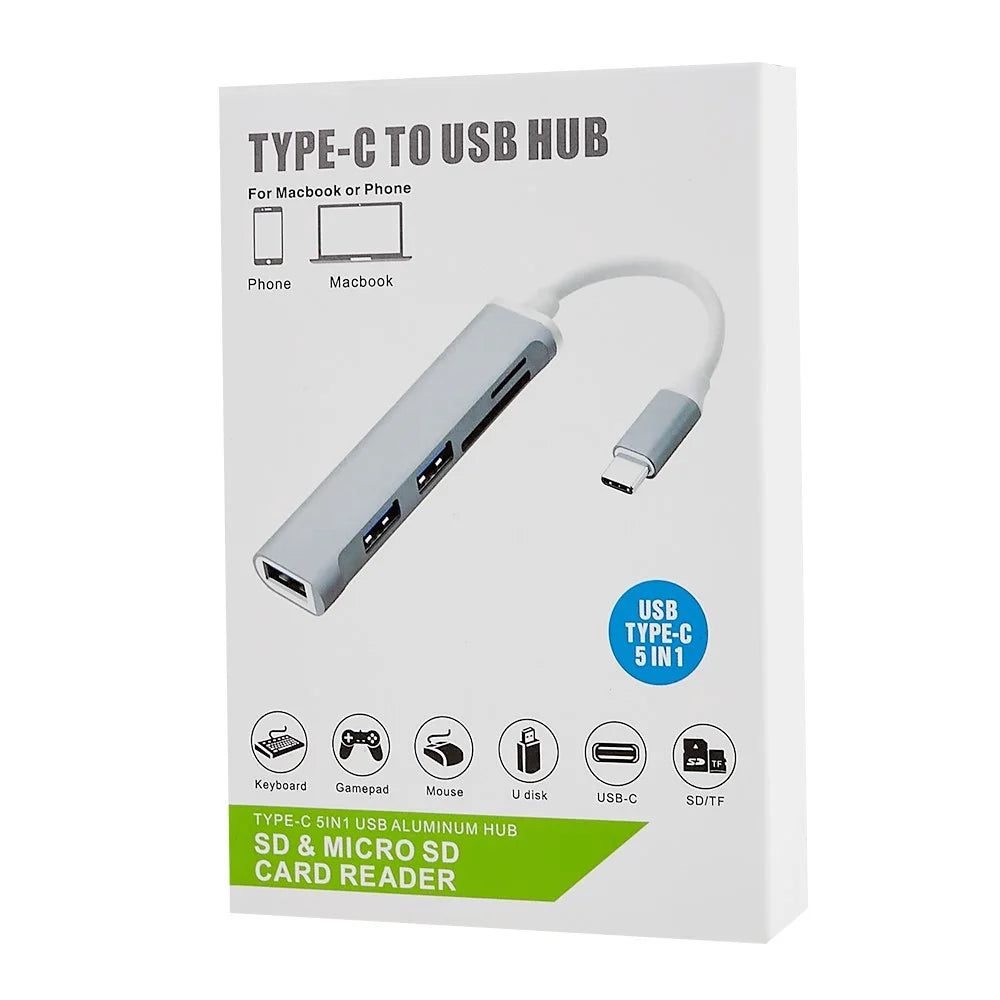 USB-C 5-in-1 Hub Splitter 3 x USB3.0 5Gbps High Speed TF SD Card Reader Adapter - Blue - 6