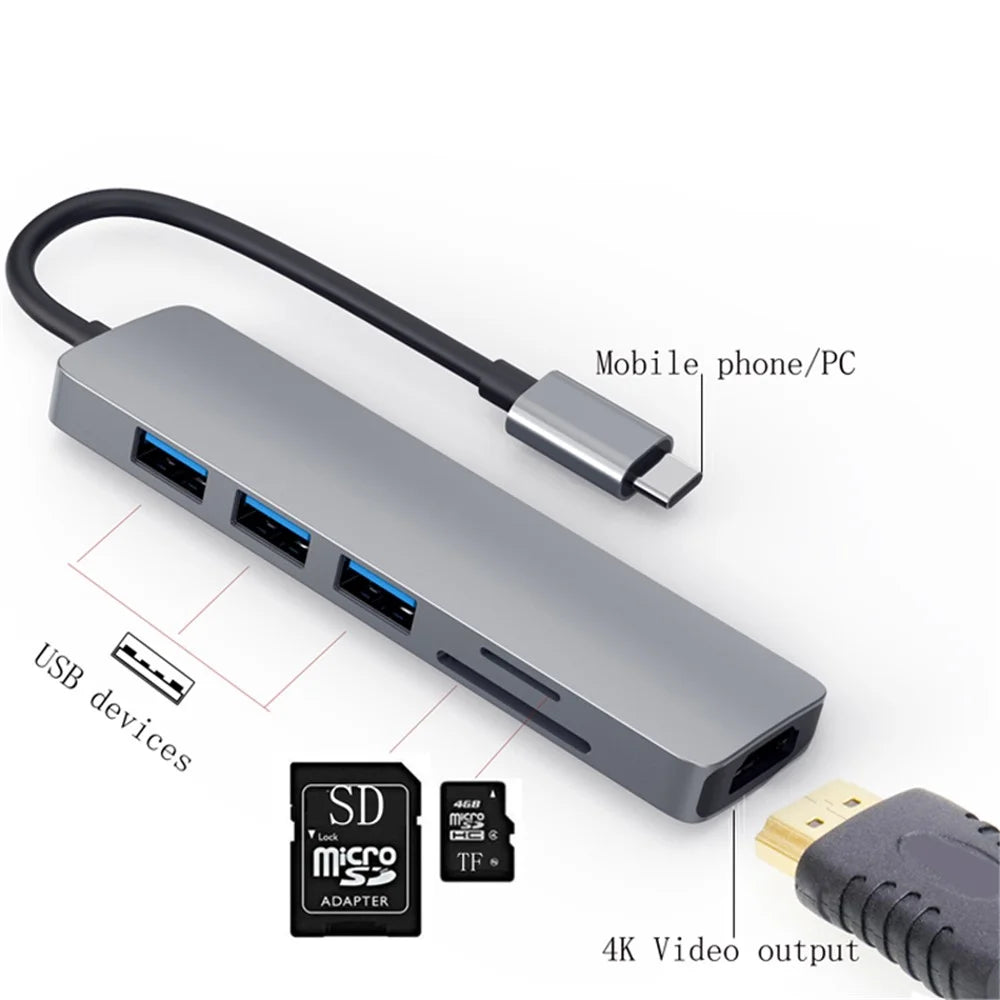 HC-13 Type-C 6-in-1 Hub Splitter 4K HD USB3.0 / 2.0 TF SD Card Reader Laptop Adapter Docking Station - 5