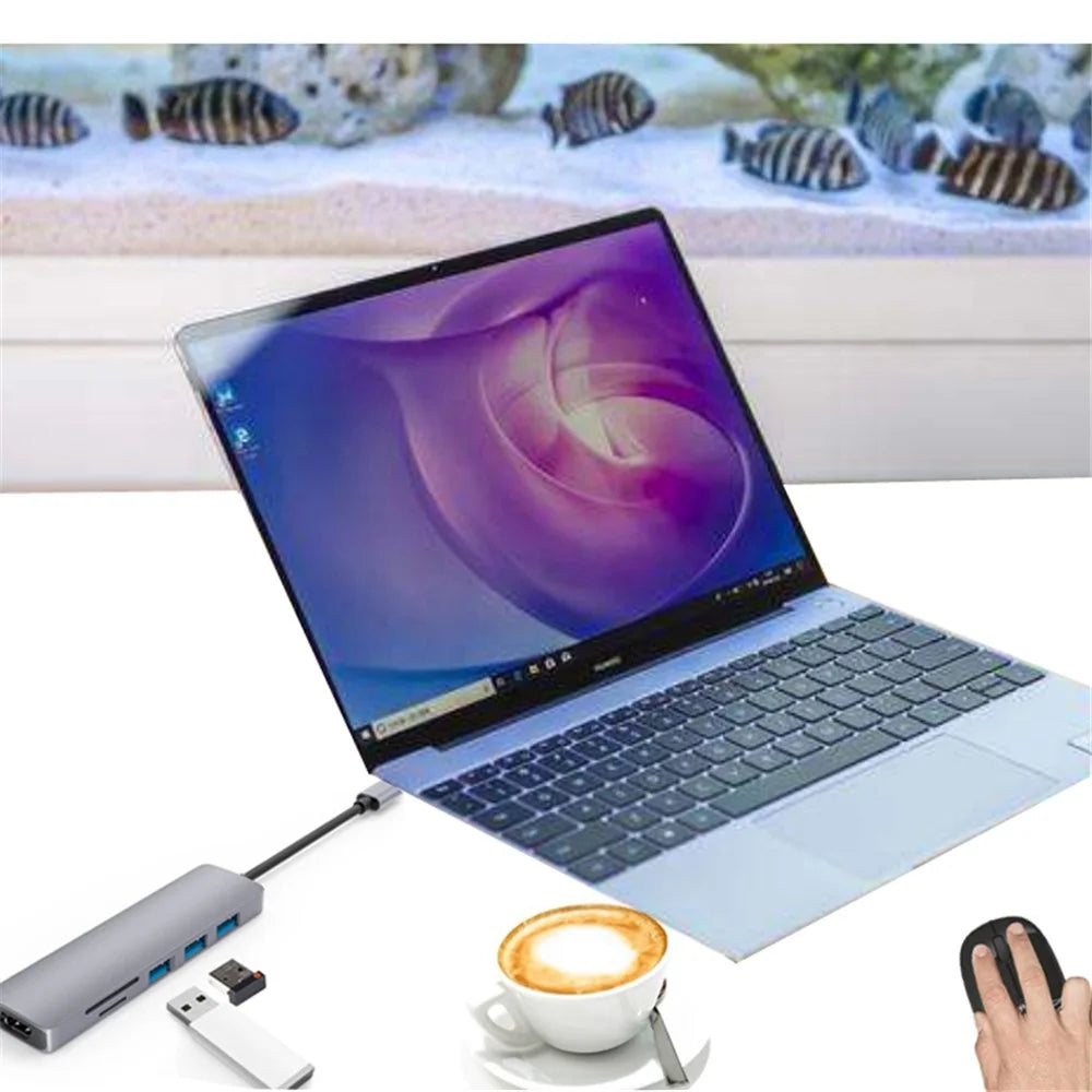 HC-13 Type-C 6-in-1 Hub Splitter 4K HD USB3.0 / 2.0 TF SD Card Reader Laptop Adapter Docking Station - 6