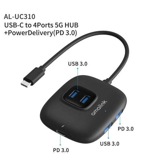 AMALINK AL-UC310 Portable 5Gbps Type-C to USB 3.0 4 Ports + PD 3.0 Hub - 2