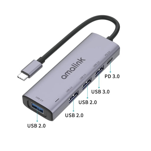 AMALINK AL-95119D 5-in-1 USB C Hub to 4xUSB Ports and 1xPD3.0 Port Adapter Fast Charging USB C Hub for Laptops Computers Mobile Phones - 2