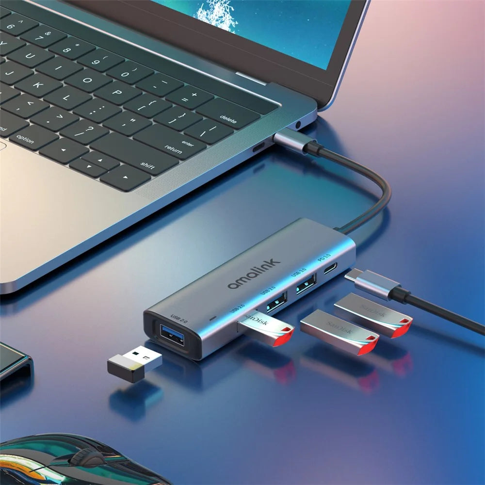 AMALINK AL-95119D 5-in-1 USB C Hub to 4xUSB Ports and 1xPD3.0 Port Adapter Fast Charging USB C Hub for Laptops Computers Mobile Phones - 3