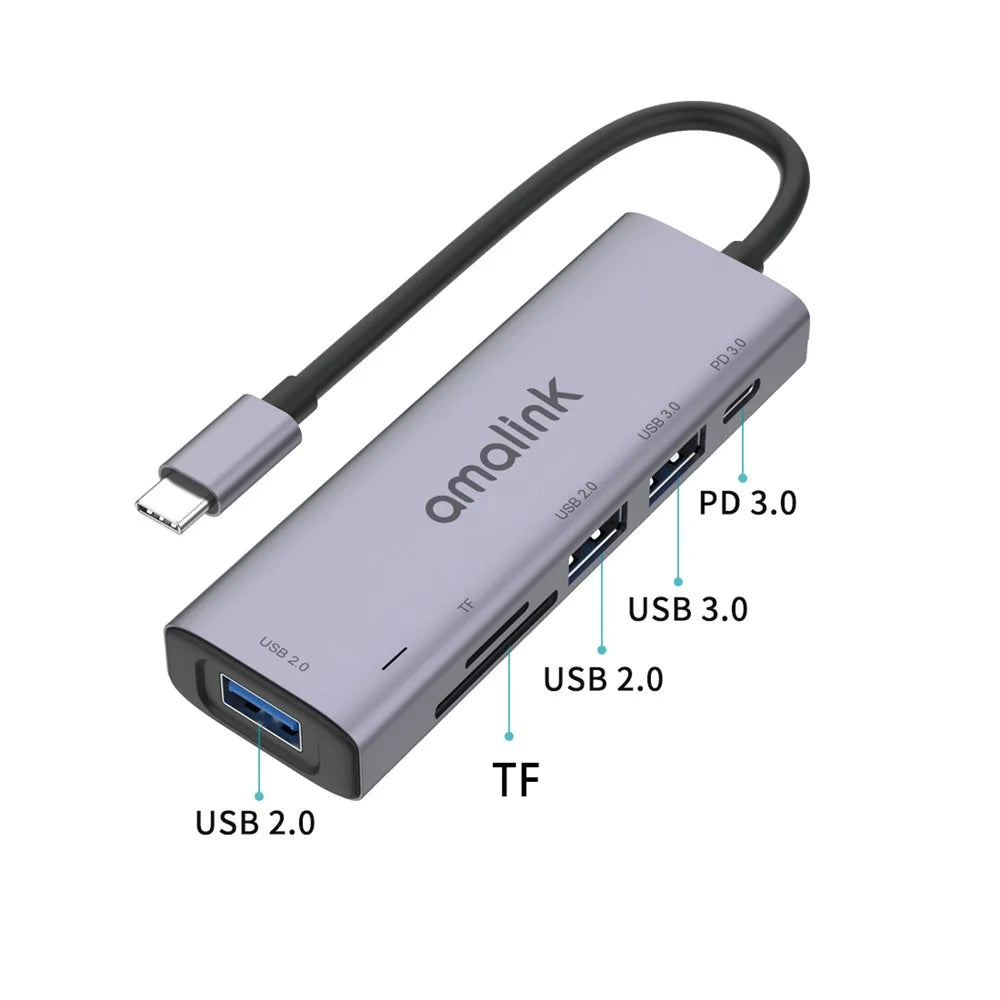 AMALINK AL-95120D 6 in 1 Type C Hub TF Card Reader 2x USB 2.0 3.0 PD 3.0 Fast Charging Adapter - 2