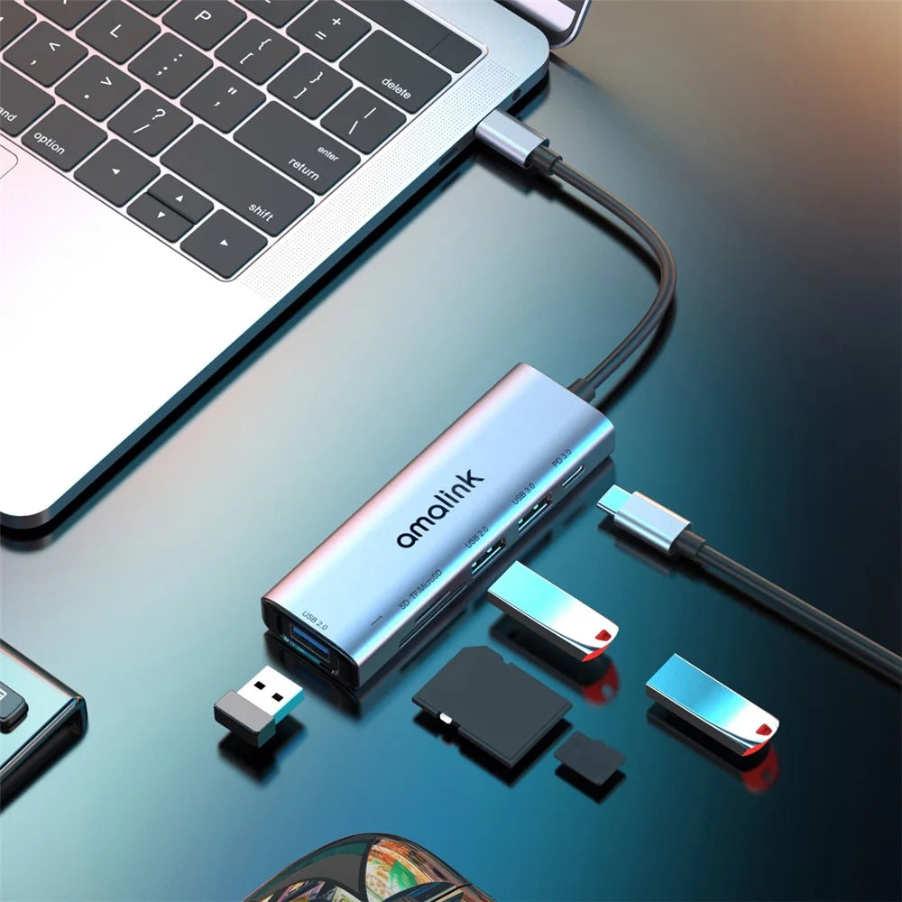 AMALINK AL-95120D 6 in 1 Type C Hub TF Card Reader 2x USB 2.0 3.0 PD 3.0 Fast Charging Adapter - 4