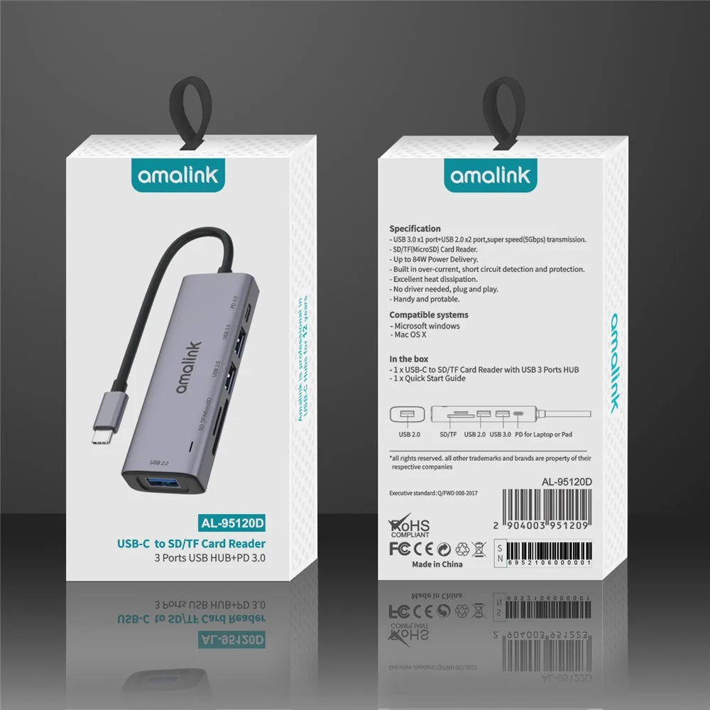AMALINK AL-95120D 6 in 1 Type C Hub TF Card Reader 2x USB 2.0 3.0 PD 3.0 Fast Charging Adapter - 5