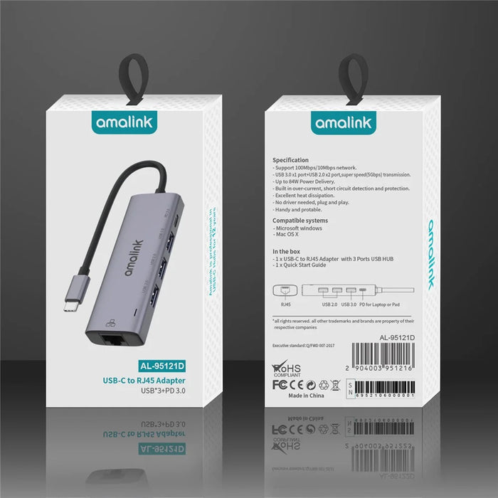 AMALINK 5 in 1 Driver Free Type C Hub 2x USB 2.0 3.0 PD 3.0 RJ45 Lan Adapter - 6