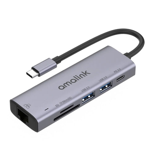 AMALINK AL-95122D 6 in 1 Type C Hub TF Card Reader USB 2.0+3.0 PD 3.0 RJ45 Adapter Up to 85W Power Delivery - 1