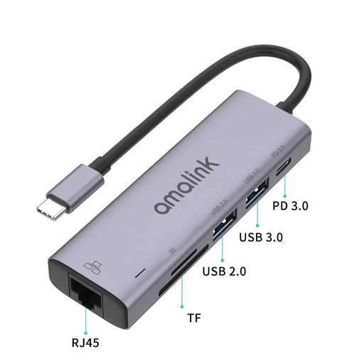 AMALINK AL-95122D 6 in 1 Type C Hub TF Card Reader USB 2.0+3.0 PD 3.0 RJ45 Adapter Up to 85W Power Delivery - 2