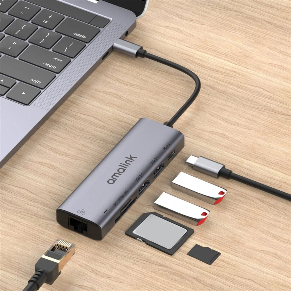 AMALINK AL-95122D 6 in 1 Type C Hub TF Card Reader USB 2.0+3.0 PD 3.0 RJ45 Adapter Up to 85W Power Delivery - 3
