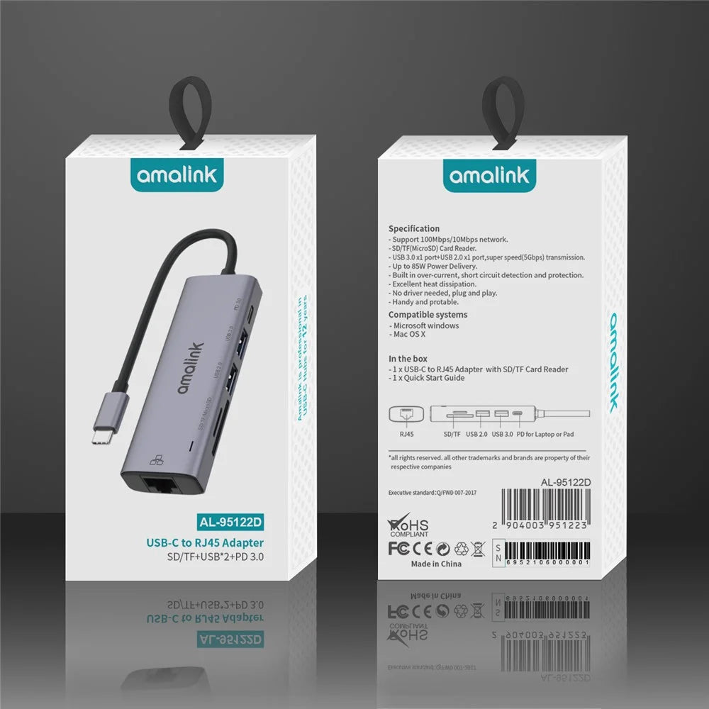 AMALINK AL-95122D 6 in 1 Type C Hub TF Card Reader USB 2.0+3.0 PD 3.0 RJ45 Adapter Up to 85W Power Delivery - 6
