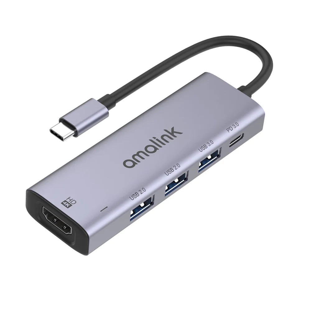 AMALINK AL-95123D 5 in 1 86W Power Delivery Type C Hub 4K HD 2x USB 2.0 3.0 PD 3.0 Adapter for Mac OS X Microsoft Windows - 1