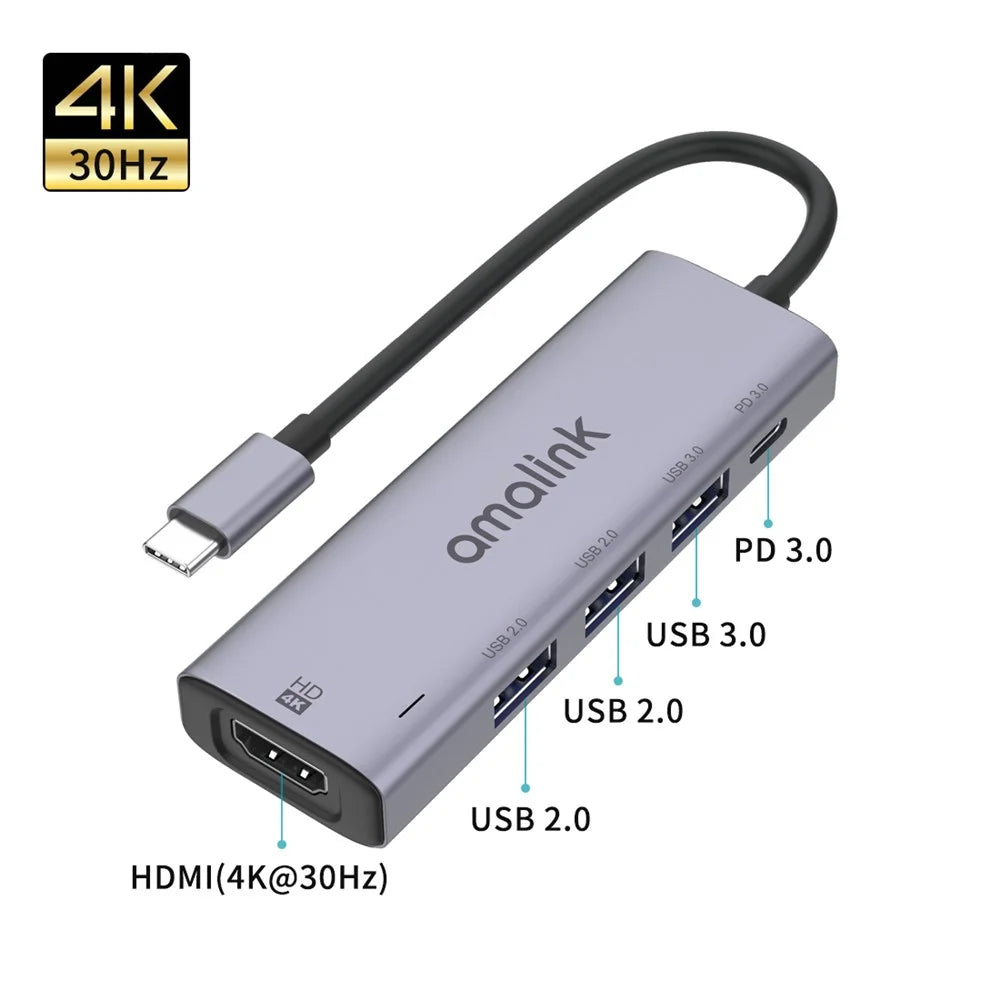 AMALINK AL-95123D 5 in 1 86W Power Delivery Type C Hub 4K HD 2x USB 2.0 3.0 PD 3.0 Adapter for Mac OS X Microsoft Windows - 2