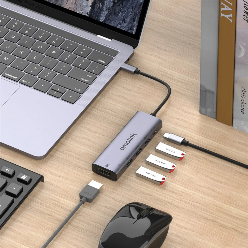 AMALINK AL-95123D 5 in 1 86W Power Delivery Type C Hub 4K HD 2x USB 2.0 3.0 PD 3.0 Adapter for Mac OS X Microsoft Windows - 3