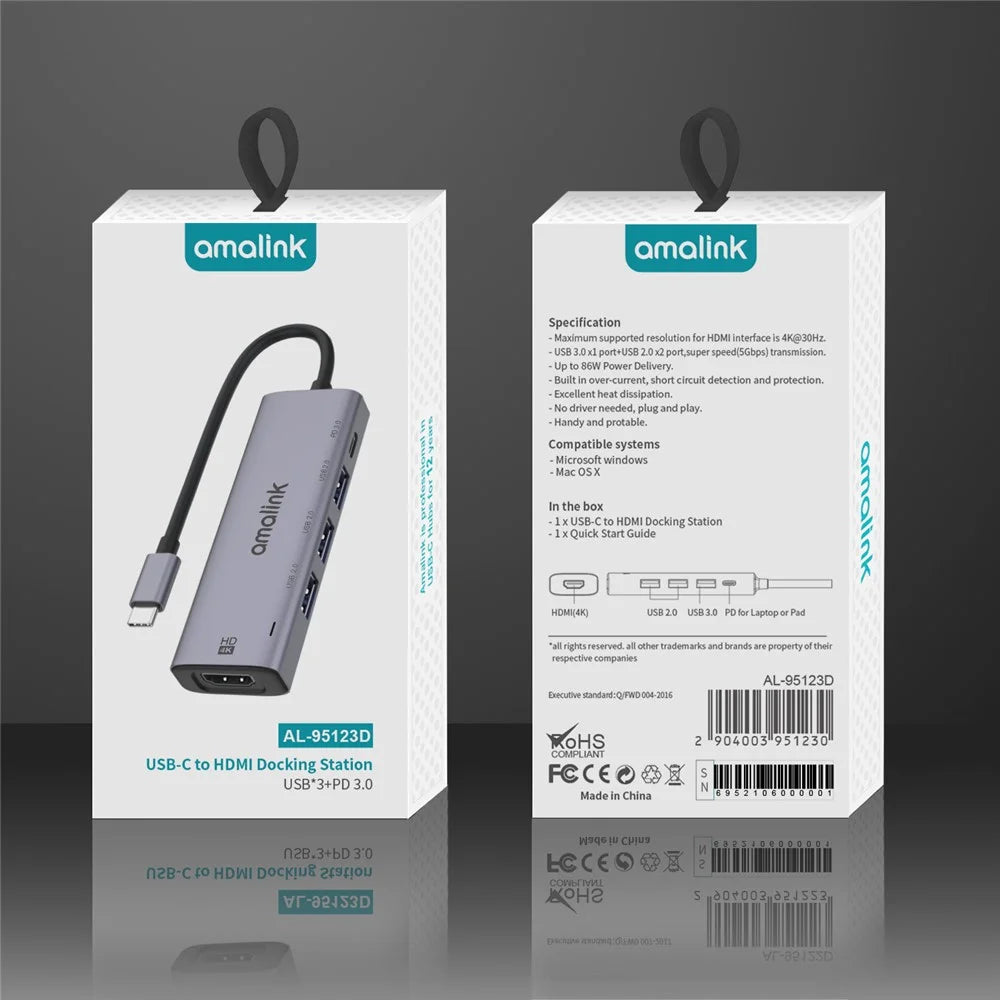 AMALINK AL-95123D 5 in 1 86W Power Delivery Type C Hub 4K HD 2x USB 2.0 3.0 PD 3.0 Adapter for Mac OS X Microsoft Windows - 5