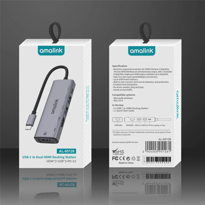 AMALINK AL-95126D 5 in 1 Type C Hub 76W Power Delivery 2x HD+USB 2.0 PD 3.0 Adapter for Mobile Phone Laptop - 6