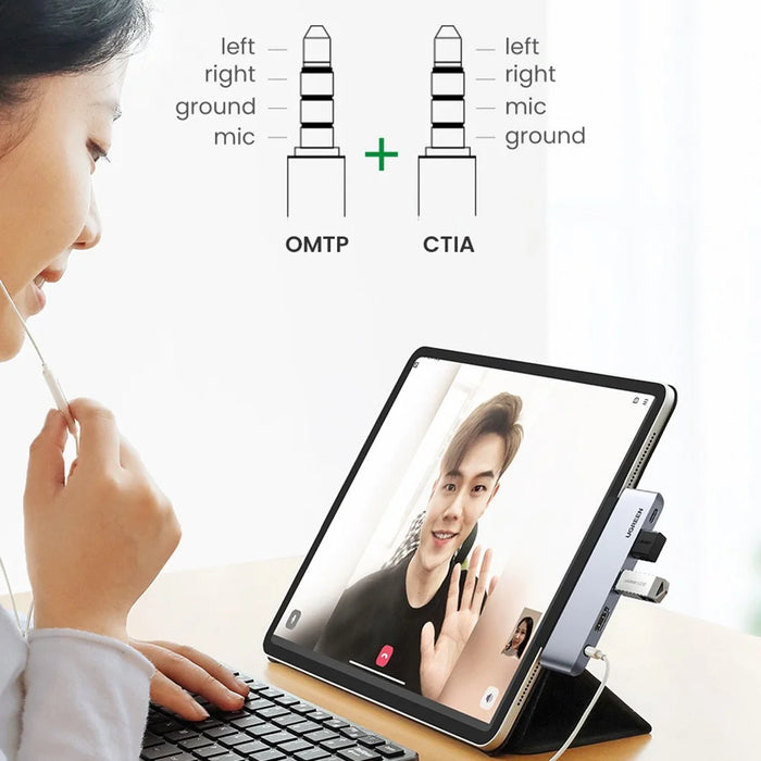 UGREEN 20199 USB C Hub to 4K 60Hz HD Video Output + 2xUSB 3.0 + 3.5mm Aux Port + PD 100W Super Fast Charge Type C Adapter for iPad Pro 2018 2020 12.9" / 11" Air 4 - 5