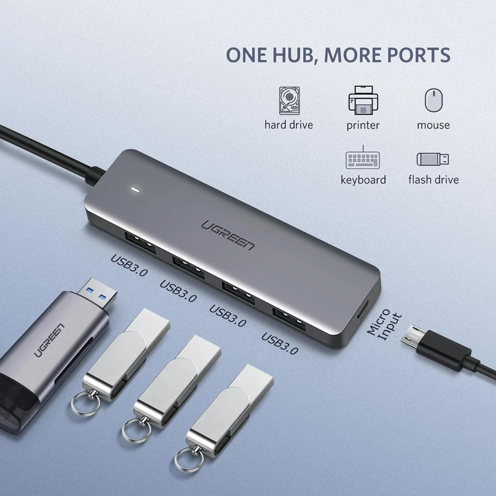 UGREEN 50985 USB Hub Adapter USB 3.0 to 4 Ports USB 3.0 + Micro USB Charging Port Multi-function USB Converter for MacBook Surface Pro Computer Accessories - 3
