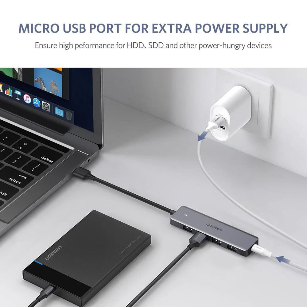 UGREEN 50985 USB Hub Adapter USB 3.0 to 4 Ports USB 3.0 + Micro USB Charging Port Multi-function USB Converter for MacBook Surface Pro Computer Accessories - 4