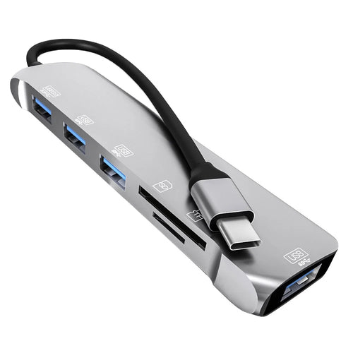 NK-3043H 6 in 1 Type-C to TF / Memory Card Slots / USB3.0 + 3 USB2.0 Converter Portable USB-C Hub Adapter for Keyboard, Mouse, External Hard Disk - 1
