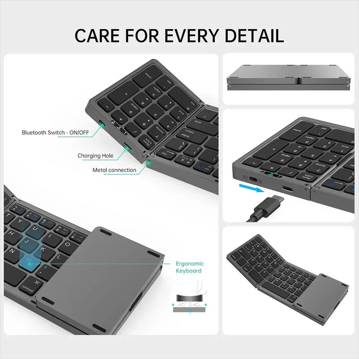 B089 Portable Tri-fold 81 Keys Bluetooth-Compatible Keyboard Home Office Wireless Keyboard with Numbers Area - Grey - 5