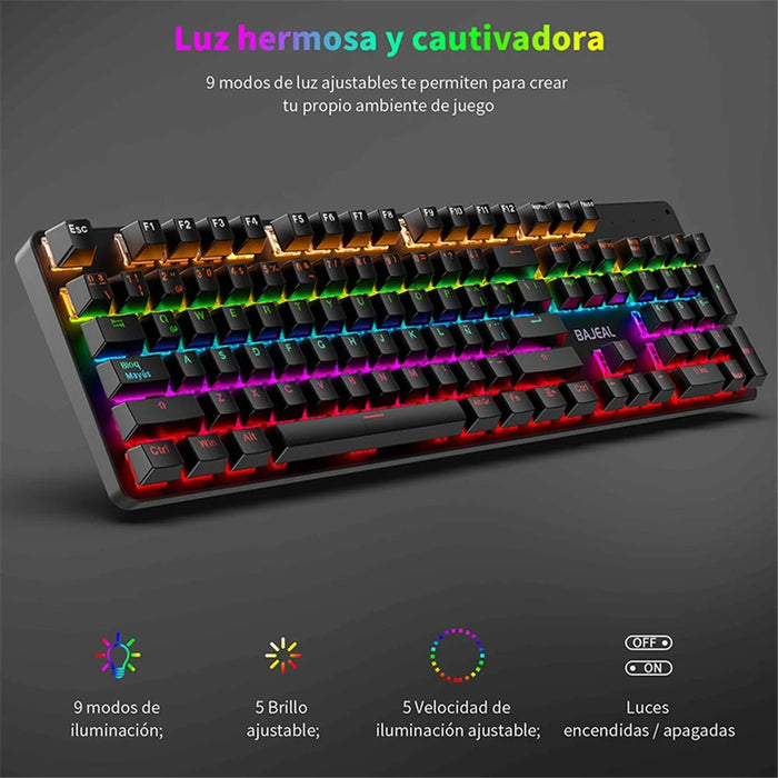 BAJEAL Wired 104 Keys Spanish Keyboard Backlit Computer Laptop Gaming Blue Switch Mechanical Keyboard - Black - 2