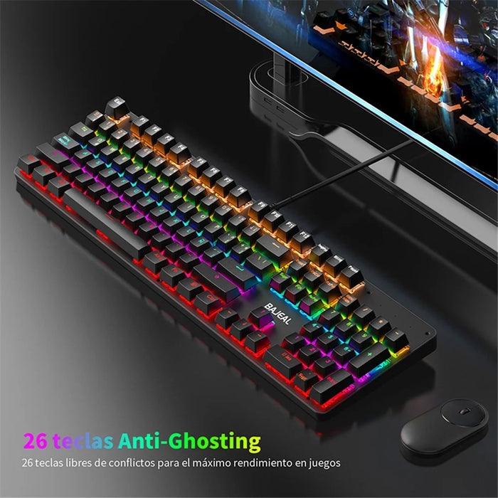 BAJEAL Wired 104 Keys Spanish Keyboard Backlit Computer Laptop Gaming Blue Switch Mechanical Keyboard - Black - 5
