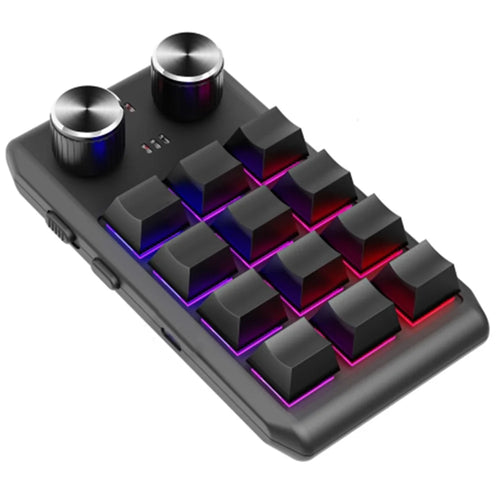 Bluetooth-compatible 5.0 Wireless Gaming Programmable Keyboard One-Hand Operation 12 Keys 2 Knobs Mechanical Keypad with LED Lighting - Black - 1