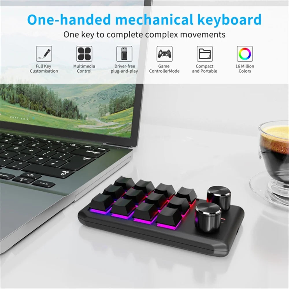 Bluetooth-compatible 5.0 Wireless Gaming Programmable Keyboard One-Hand Operation 12 Keys 2 Knobs Mechanical Keypad with LED Lighting - Black - 2