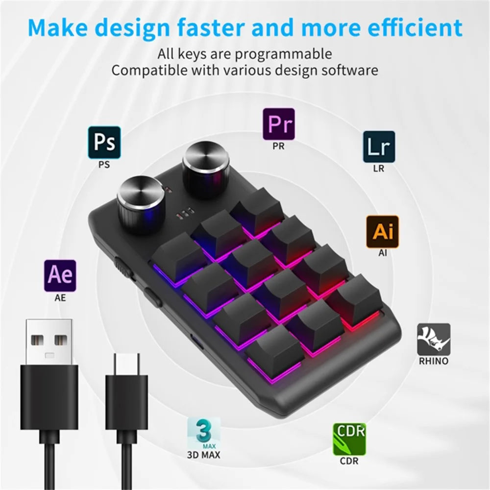 Bluetooth-compatible 5.0 Wireless Gaming Programmable Keyboard One-Hand Operation 12 Keys 2 Knobs Mechanical Keypad with LED Lighting - Black - 3