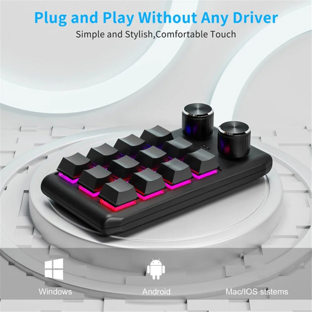 Bluetooth-compatible 5.0 Wireless Gaming Programmable Keyboard One-Hand Operation 12 Keys 2 Knobs Mechanical Keypad with LED Lighting - Black - 5