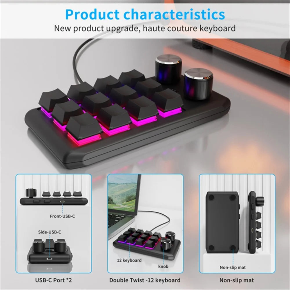Bluetooth-compatible 5.0 Wireless Gaming Programmable Keyboard One-Hand Operation 12 Keys 2 Knobs Mechanical Keypad with LED Lighting - Black - 6