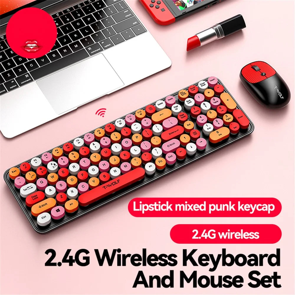 T-WOLF TF350 2.4G Wireless Keyboard Mouse Set Home Office Computer Keyboard + Mouse - Lipstick Color - 2
