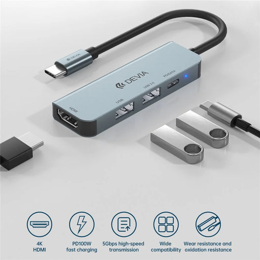 DEVIA EC136 Leopard Series 4-in-1 Hub Adapter Type-C to PD+USB2.0+USB3.0+HD Docking Station (Updated) - 2