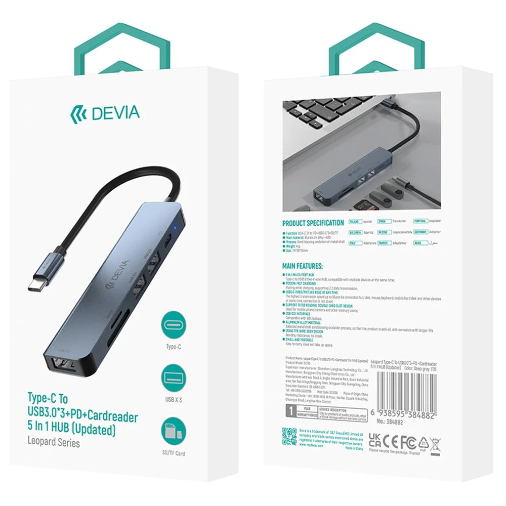 DEVIA EC135 Leopard Series 5-in-1 Type-C Hub Adapter USB-C 3.1 to PD+USB3.0*3+SD / TF Docking Station (Upgraded) - 7